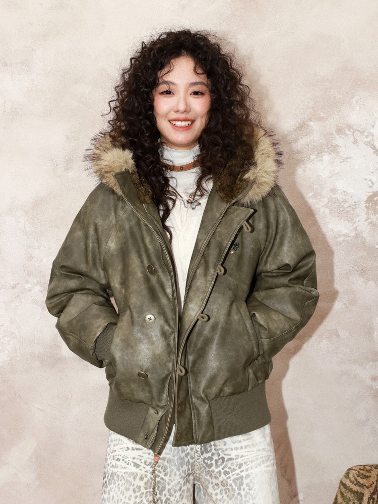 "Wild Cherry Blossom Wasteland" Leather White Duck Collar Down Jacket【s0000014737】