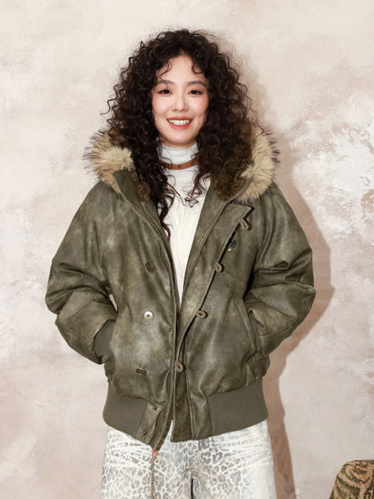 "Wild Cherry Blossom Wasteland" Leather White Duck Collar Down Jacket【s0000014737】