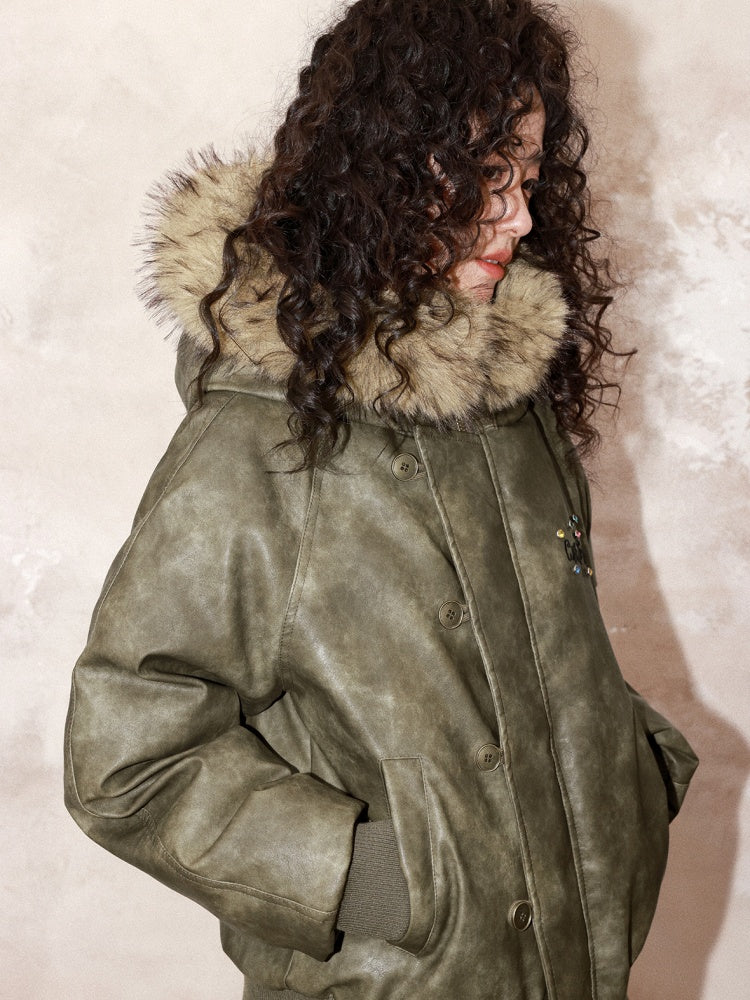 "Wild Cherry Blossom Wasteland" Leather White Duck Collar Down Jacket【s0000014737】