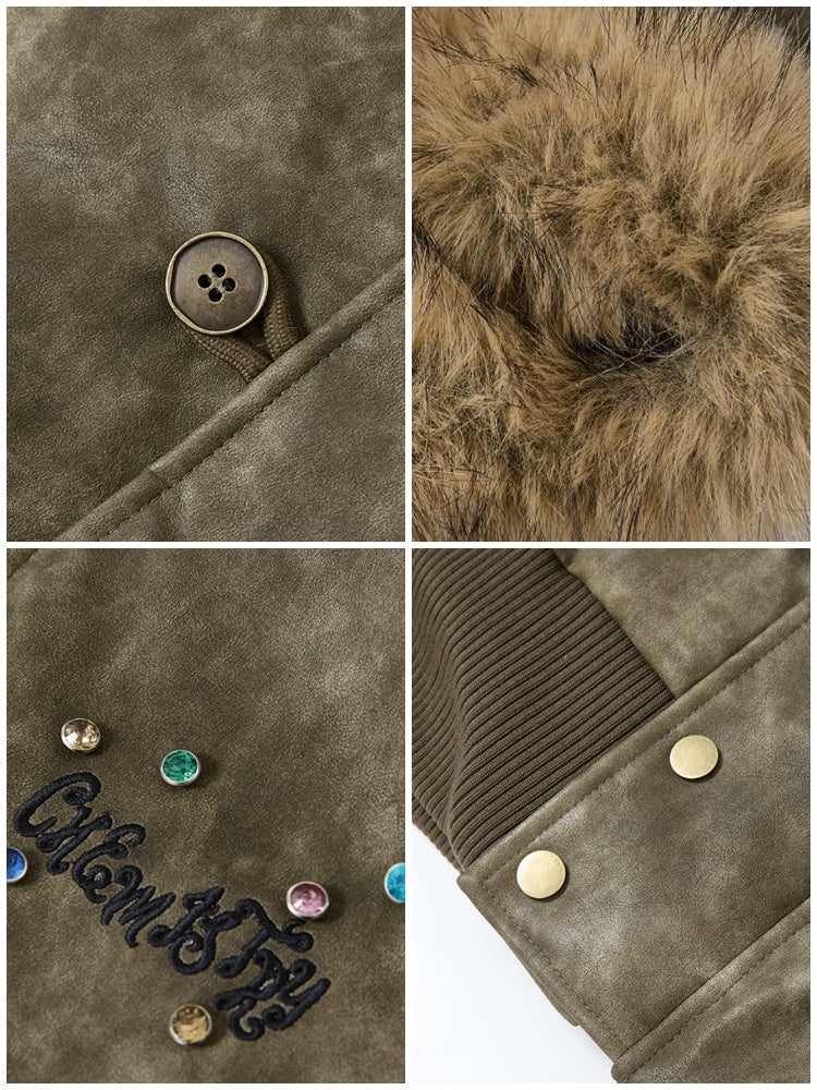 "Wild Cherry Blossom Wasteland" Leather White Duck Collar Down Jacket【s0000014737】