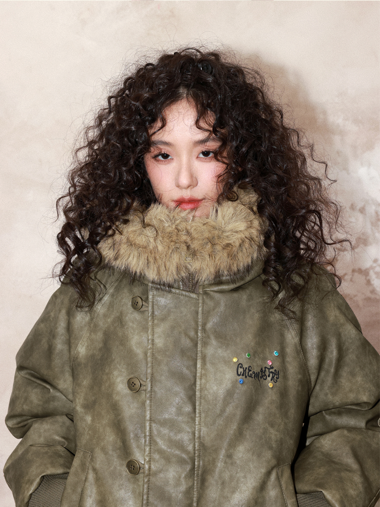 "Wild Cherry Blossom Wasteland" Leather White Duck Collar Down Jacket【s0000014737】