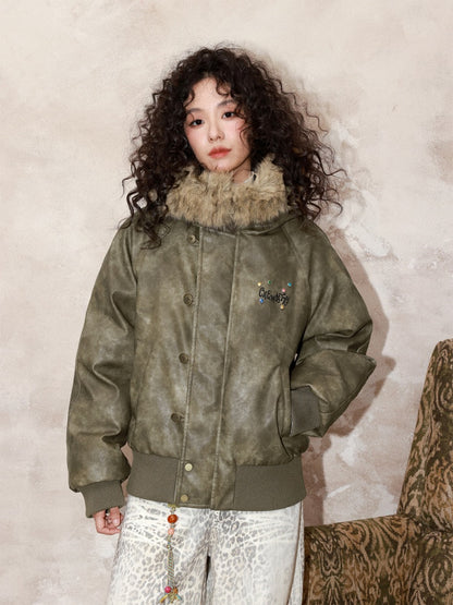 "Wild Cherry Blossom Wasteland" Leather White Duck Collar Down Jacket【s0000014737】