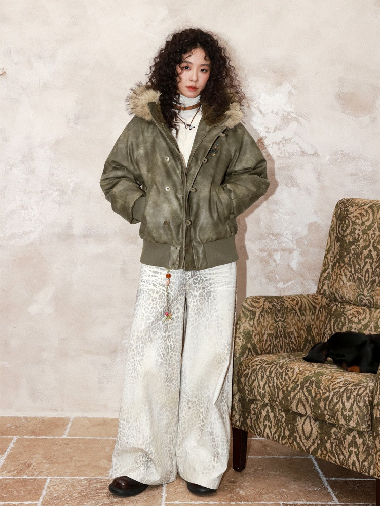 "Wild Cherry Blossom Wasteland" Leather White Duck Collar Down Jacket【s0000014737】