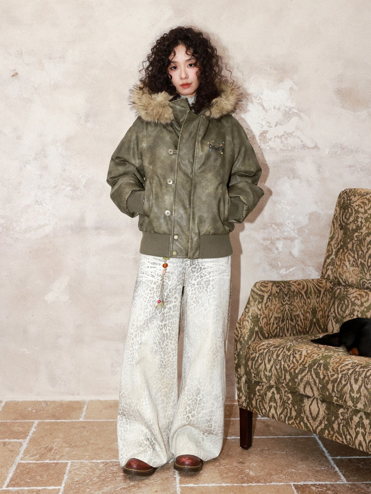 "Wild Cherry Blossom Wasteland" Leather White Duck Collar Down Jacket【s0000014737】