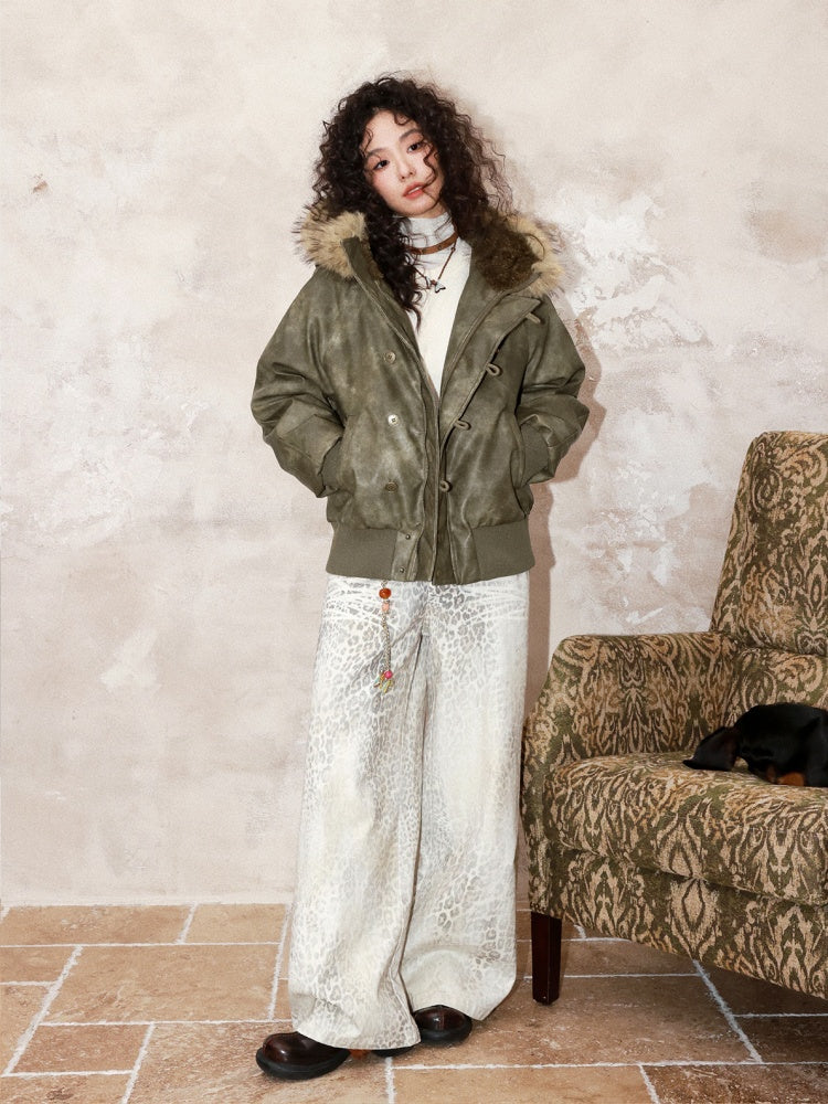 "Wild Cherry Blossom Wasteland" Leather White Duck Collar Down Jacket【s0000014737】