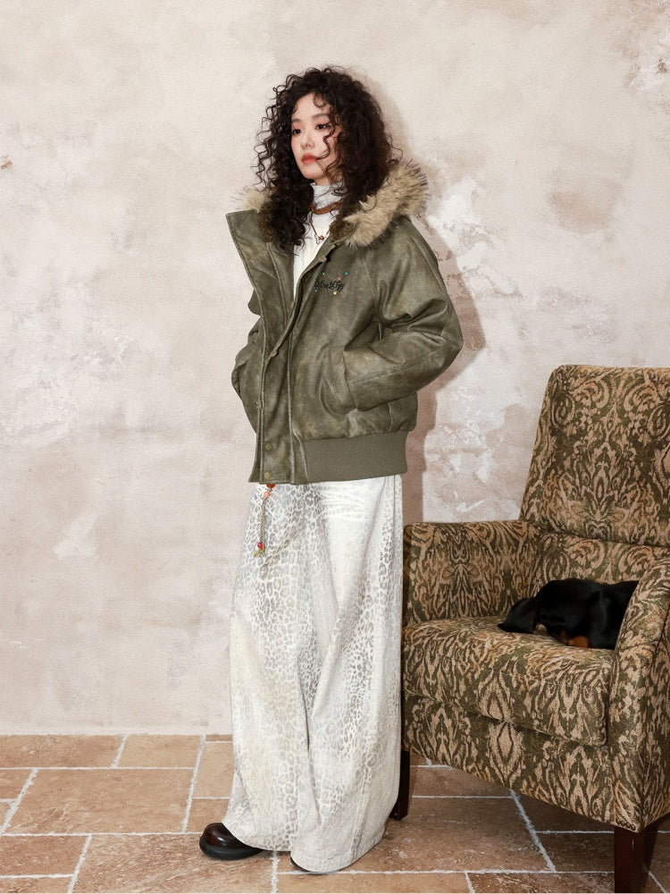 "Wild Cherry Blossom Wasteland" Leather White Duck Collar Down Jacket【s0000014737】