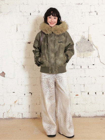 "Wild Cherry Blossom Wasteland" Leather White Duck Collar Down Jacket【s0000014737】