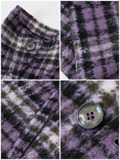 "Star Skeleton Velvet Song" Stand-Up Collar Plaid Long Woolen Coat Jacket【s0000014741】