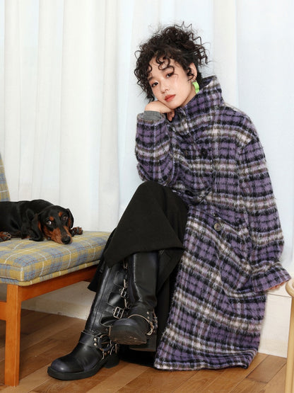 "Star Skeleton Velvet Song" Stand-Up Collar Plaid Long Woolen Coat Jacket【s0000014741】