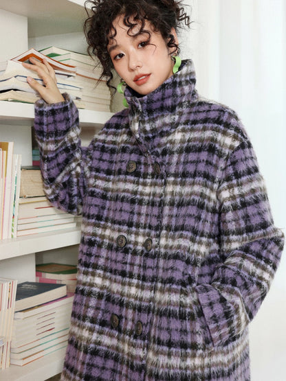 "Star Skeleton Velvet Song" Stand-Up Collar Plaid Long Woolen Coat Jacket【s0000014741】