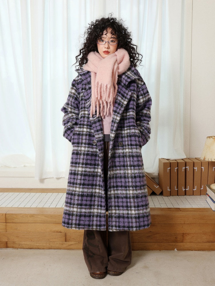 "Star Skeleton Velvet Song" Stand-Up Collar Plaid Long Woolen Coat Jacket【s0000014741】