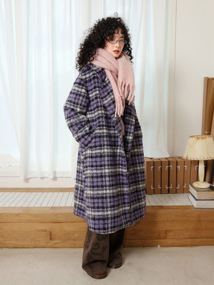 "Star Skeleton Velvet Song" Stand-Up Collar Plaid Long Woolen Coat Jacket【s0000014741】