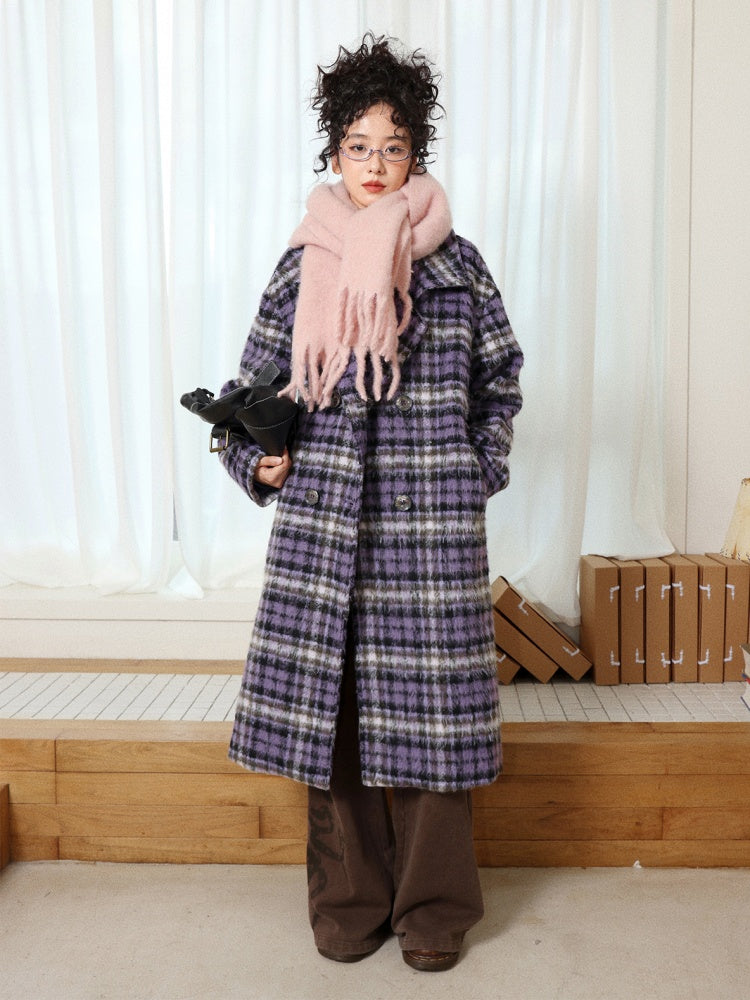 "Star Skeleton Velvet Song" Stand-Up Collar Plaid Long Woolen Coat Jacket【s0000014741】