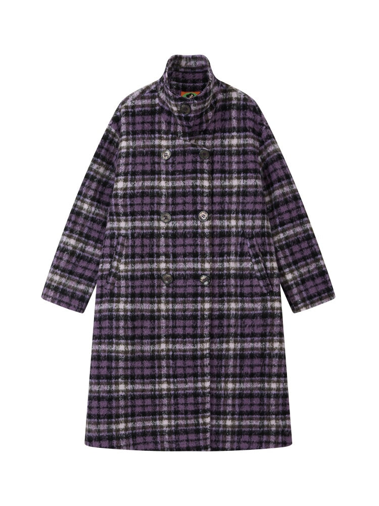 "Star Skeleton Velvet Song" Stand-Up Collar Plaid Long Woolen Coat Jacket【s0000014741】