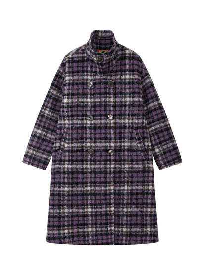"Star Skeleton Velvet Song" Stand-Up Collar Plaid Long Woolen Coat Jacket【s0000014741】