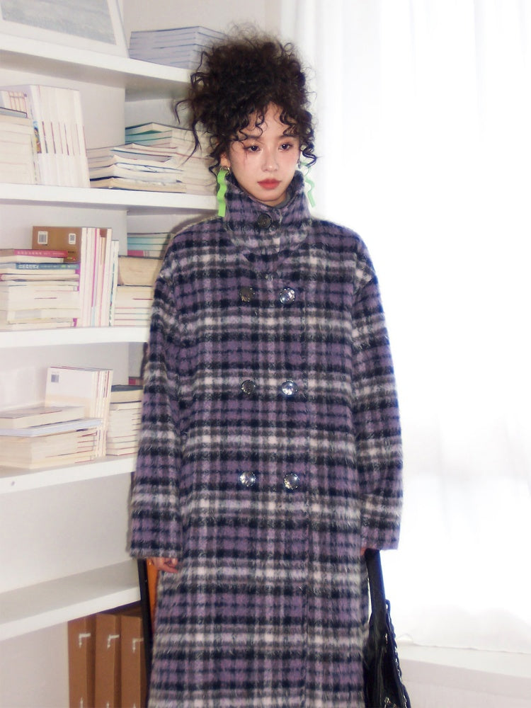 "Star Skeleton Velvet Song" Stand-Up Collar Plaid Long Woolen Coat Jacket【s0000014741】