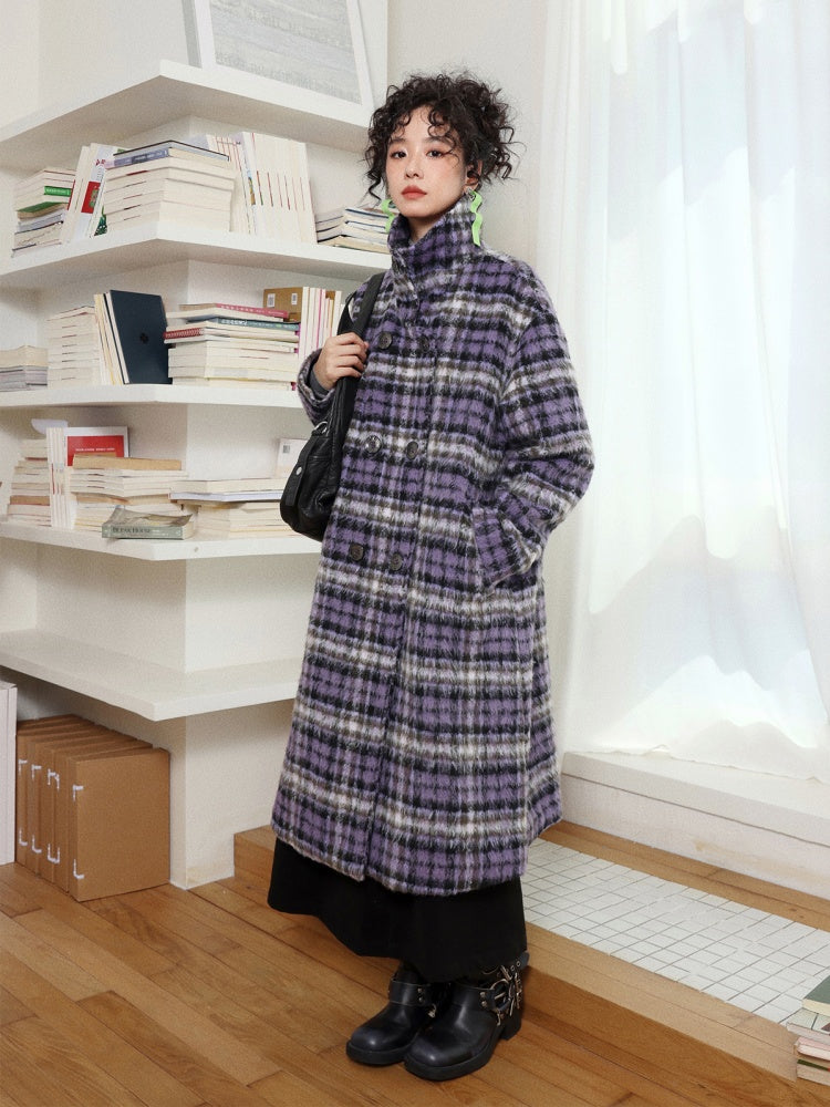 "Star Skeleton Velvet Song" Stand-Up Collar Plaid Long Woolen Coat Jacket【s0000014741】