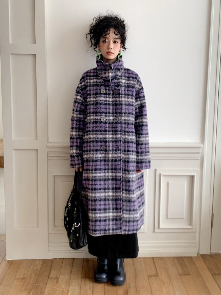 "Star Skeleton Velvet Song" Stand-Up Collar Plaid Long Woolen Coat Jacket【s0000014741】