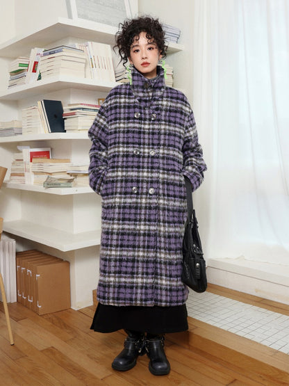 "Star Skeleton Velvet Song" Stand-Up Collar Plaid Long Woolen Coat Jacket【s0000014741】