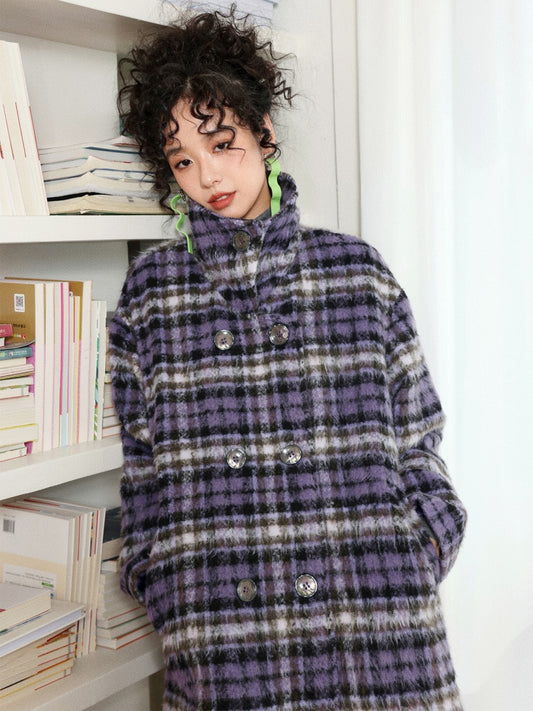 "Star Skeleton Velvet Song" Stand-Up Collar Plaid Long Woolen Coat Jacket【s0000014741】