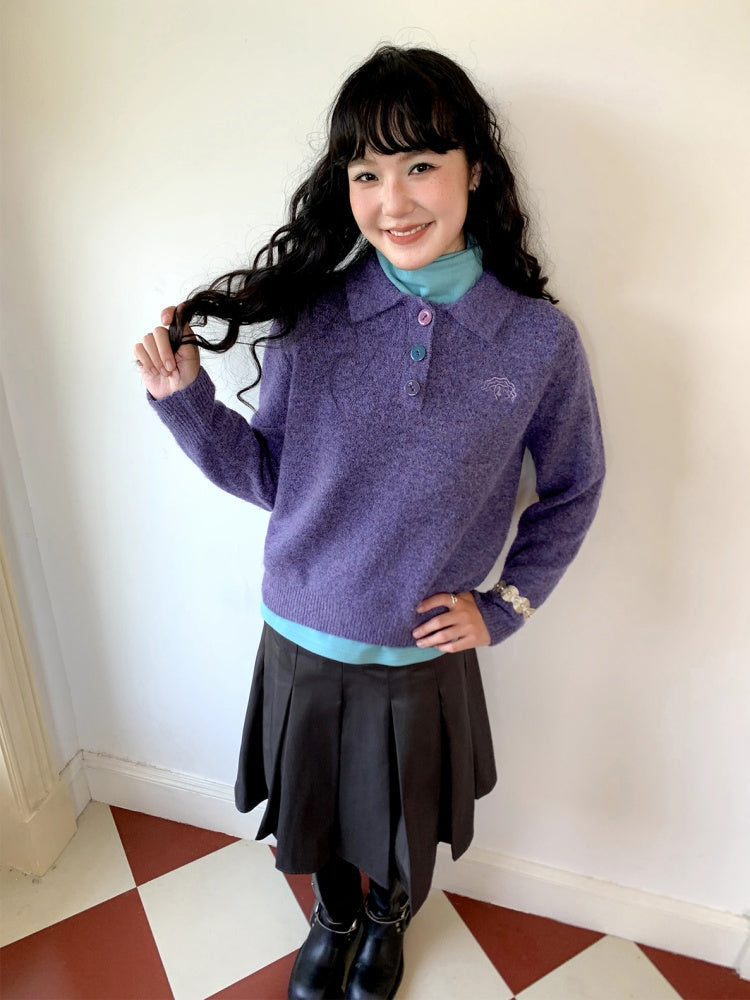 "Starry Moon Nocturne" Retro Casual Polo Lapel Pullover Knitted Sweater【s0000014742】