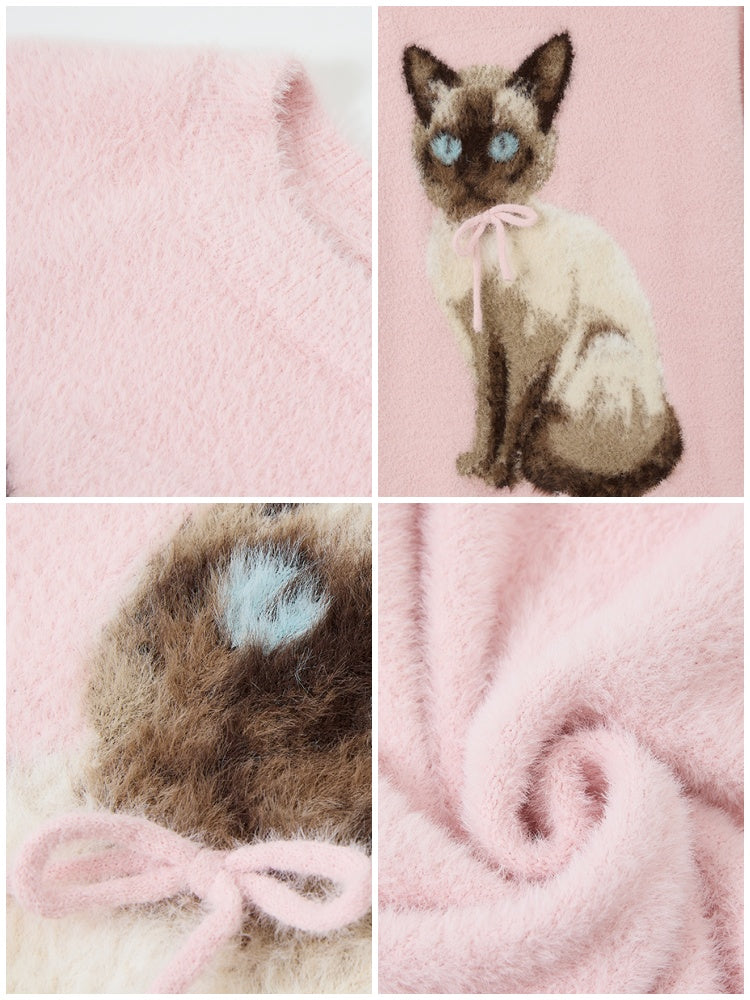 "Pink Cat Shadow" Siamese Cat Imitation Mink Fur Pullover Sweater【s0000014744】
