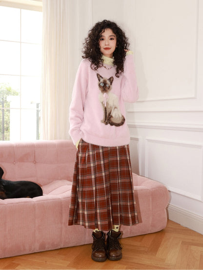 "Pink Cat Shadow" Siamese Cat Imitation Mink Fur Pullover Sweater【s0000014744】