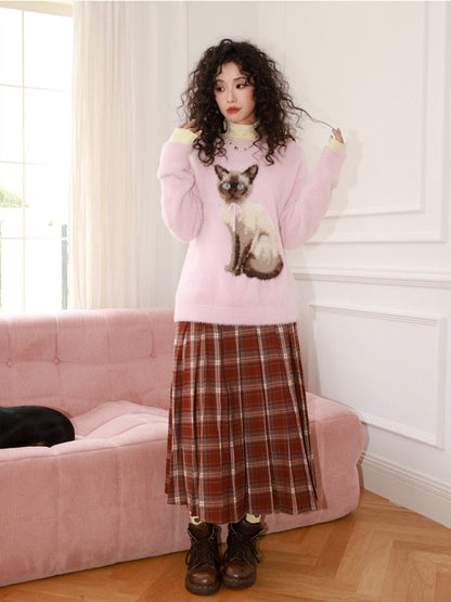 "Pink Cat Shadow" Siamese Cat Imitation Mink Fur Pullover Sweater【s0000014744】
