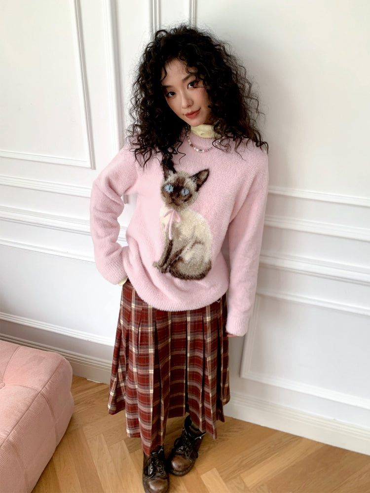 "Pink Cat Shadow" Siamese Cat Imitation Mink Fur Pullover Sweater【s0000014744】