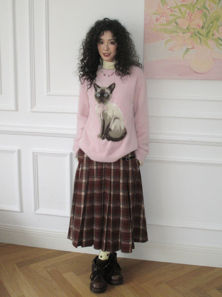 "Pink Cat Shadow" Siamese Cat Imitation Mink Fur Pullover Sweater【s0000014744】