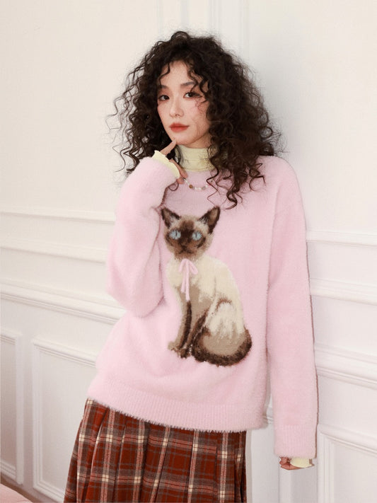 "Pink Cat Shadow" Siamese Cat Imitation Mink Fur Pullover Sweater【s0000014744】
