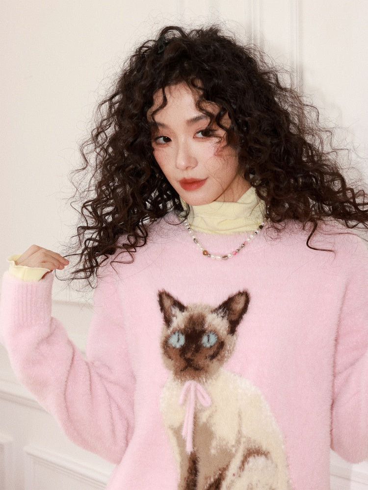"Pink Cat Shadow" Siamese Cat Imitation Mink Fur Pullover Sweater【s0000014744】