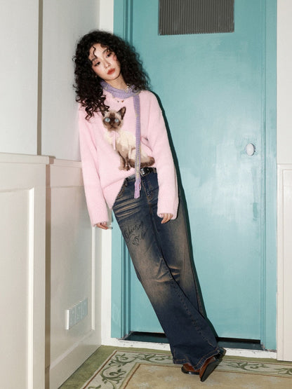 "Pink Cat Shadow" Siamese Cat Imitation Mink Fur Pullover Sweater【s0000014744】