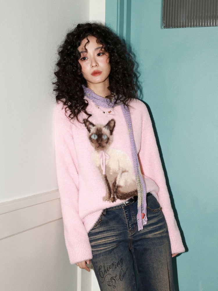 "Pink Cat Shadow" Siamese Cat Imitation Mink Fur Pullover Sweater【s0000014744】
