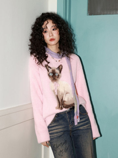 "Pink Cat Shadow" Siamese Cat Imitation Mink Fur Pullover Sweater【s0000014744】