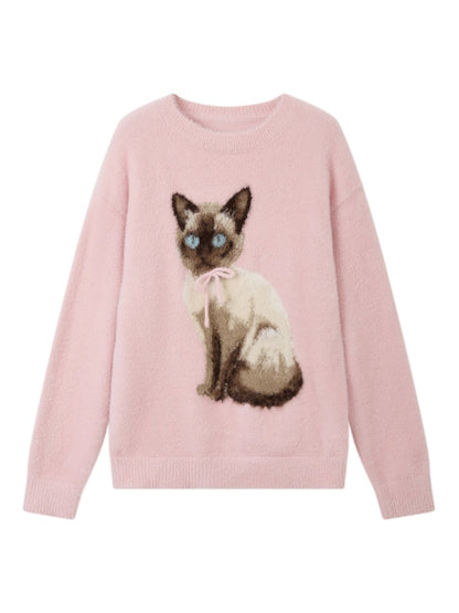 "Pink Cat Shadow" Siamese Cat Imitation Mink Fur Pullover Sweater【s0000014744】
