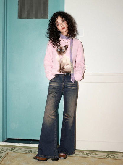 "Pink Cat Shadow" Siamese Cat Imitation Mink Fur Pullover Sweater【s0000014744】