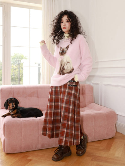 "Pink Cat Shadow" Siamese Cat Imitation Mink Fur Pullover Sweater【s0000014744】
