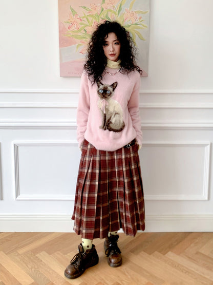 "Pink Cat Shadow" Siamese Cat Imitation Mink Fur Pullover Sweater【s0000014744】