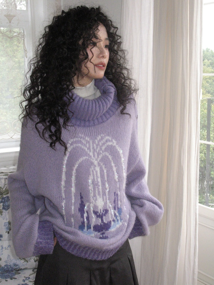 "Wishing Pool" Fountain Pattern Lapel Pullover Knit Sweater【s0000014749】