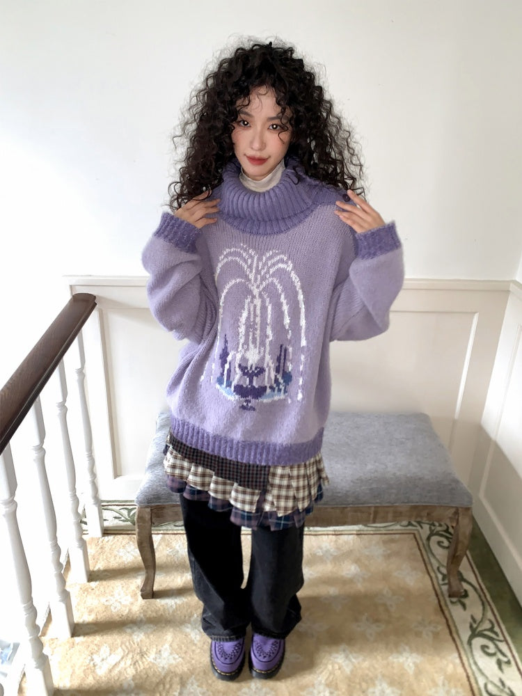 "Wishing Pool" Fountain Pattern Lapel Pullover Knit Sweater【s0000014749】