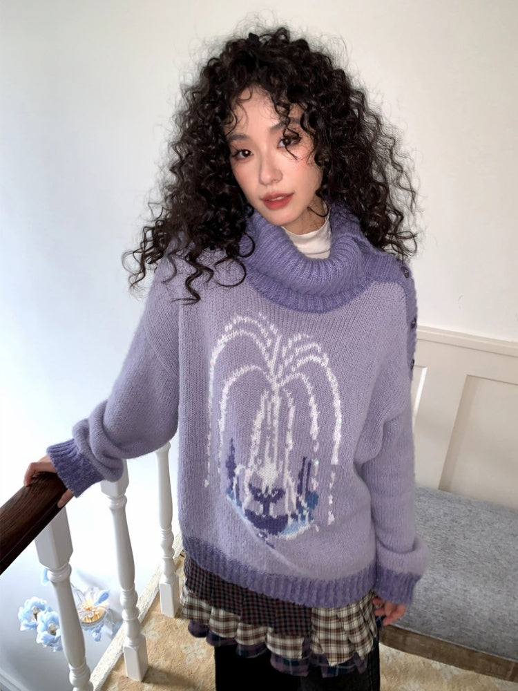 "Wishing Pool" Fountain Pattern Lapel Pullover Knit Sweater【s0000014749】