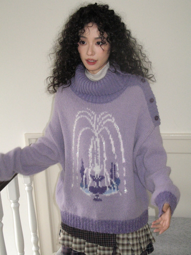 "Wishing Pool" Fountain Pattern Lapel Pullover Knit Sweater【s0000014749】