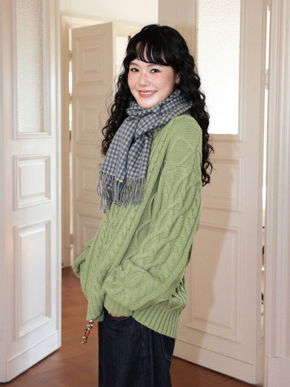 "Grass & Wood Flute" Sheep Wool Cable Pullover Sweater knitwear Retro Casual【s0000014750】