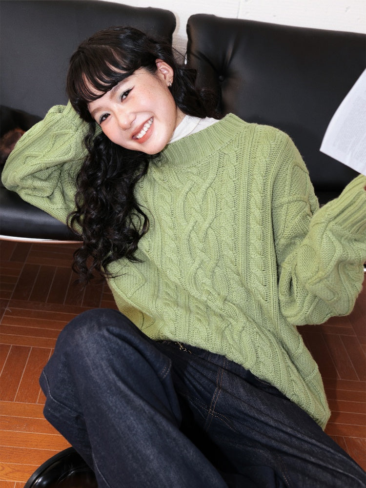 "Grass & Wood Flute" Sheep Wool Cable Pullover Sweater knitwear Retro Casual【s0000014750】