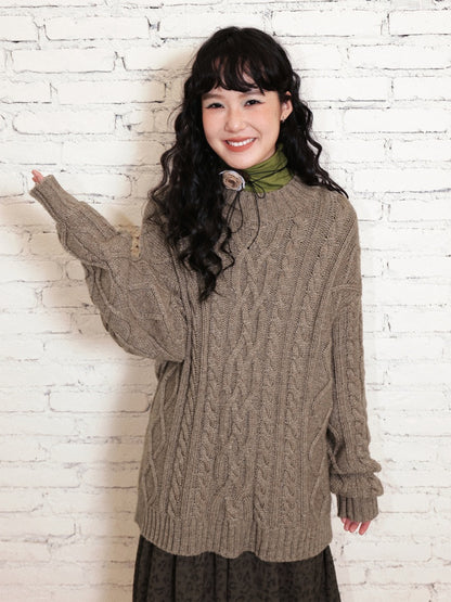 "Grass & Wood Flute" Sheep Wool Cable Pullover Sweater knitwear Retro Casual【s0000014750】