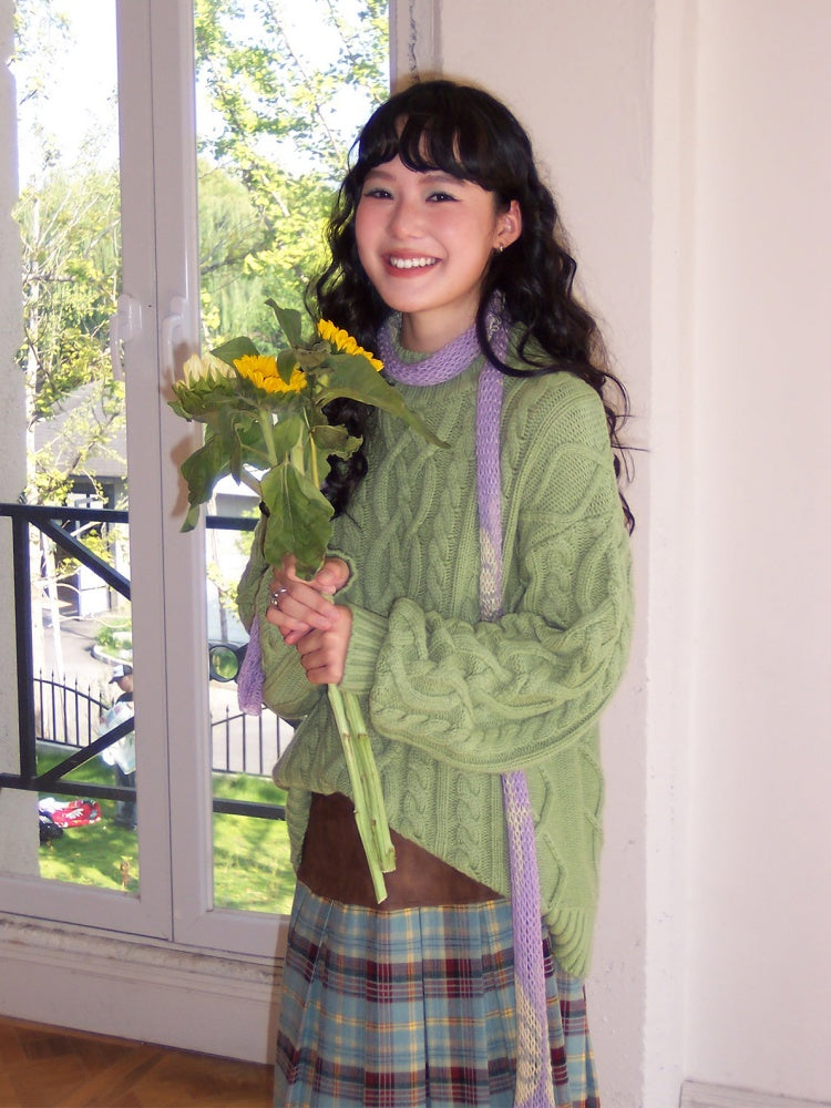 "Grass & Wood Flute" Sheep Wool Cable Pullover Sweater knitwear Retro Casual【s0000014750】