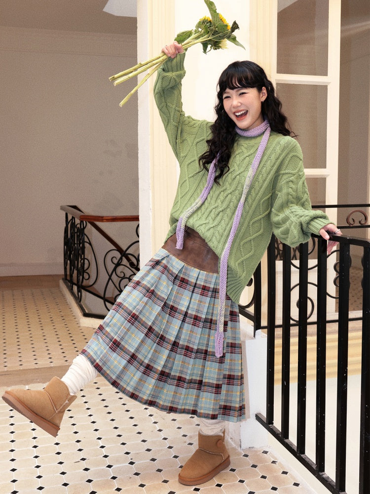 "Grass & Wood Flute" Sheep Wool Cable Pullover Sweater knitwear Retro Casual【s0000014750】