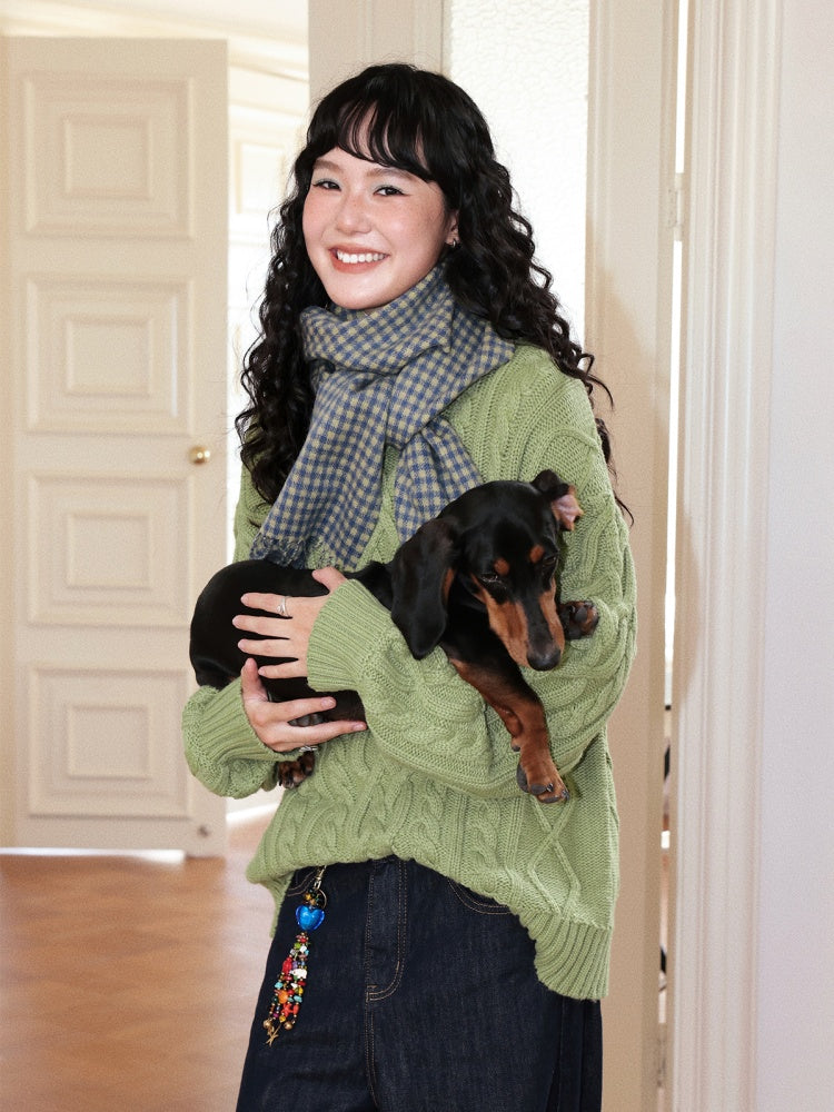 "Grass & Wood Flute" Sheep Wool Cable Pullover Sweater knitwear Retro Casual【s0000014750】