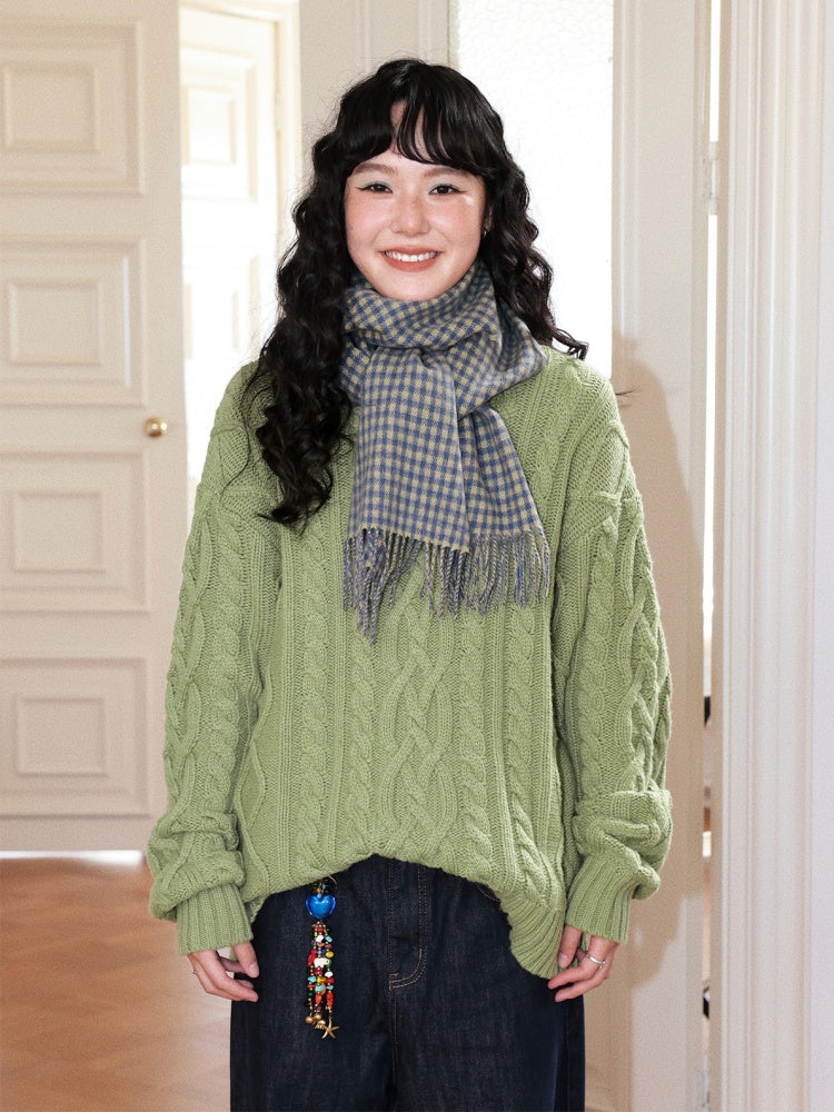 "Grass & Wood Flute" Sheep Wool Cable Pullover Sweater knitwear Retro Casual【s0000014750】